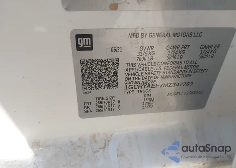 2021 Chevrolet Silverado 1500 4Wd Double Cab Standard Bed Wt z USA, uszkodzony, nr VIN 1GCRYAEF7MZ347703